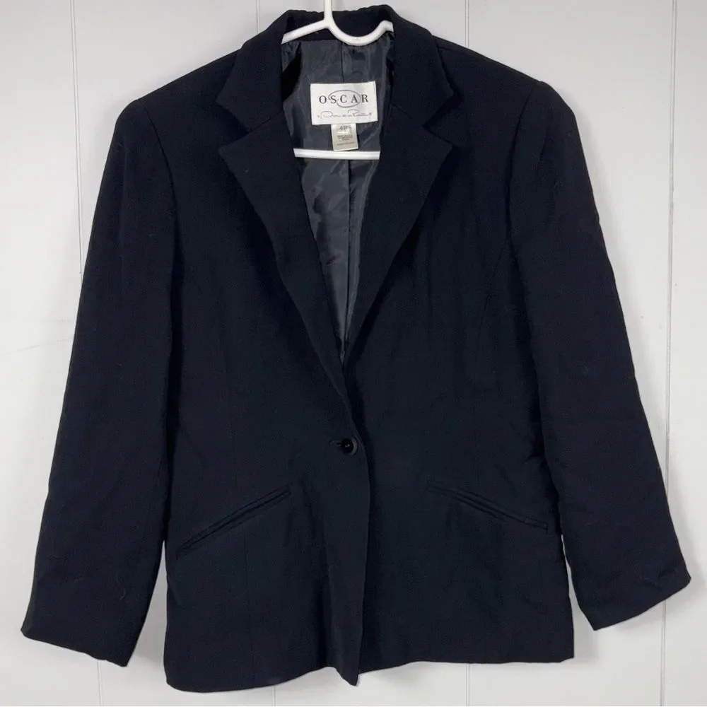 Oscar De La Renta Vintage Black Button Blazer Jacket 4R Wool Blend Classic Work